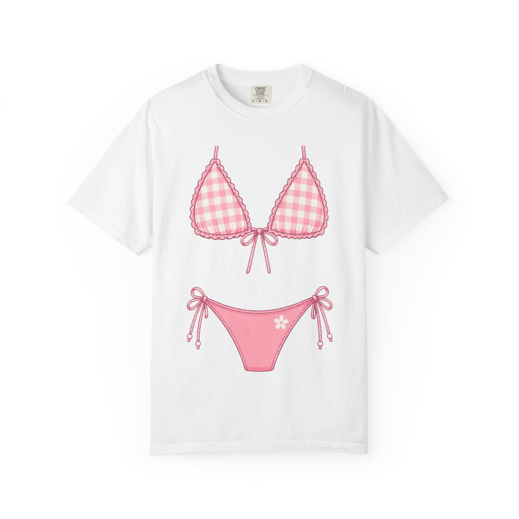 Pink Gingham Bikini Illustration T-Shirt | Bikini Graphic Tee