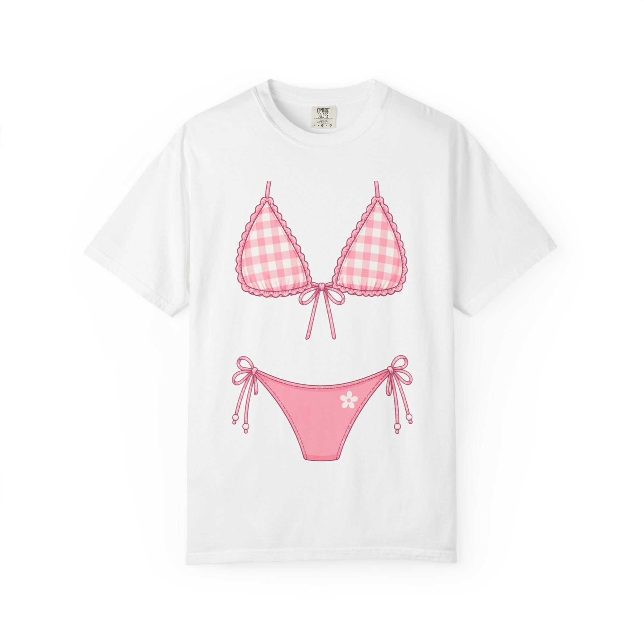 Pink Gingham Bikini Illustration T-Shirt | Bikini Graphic Tee