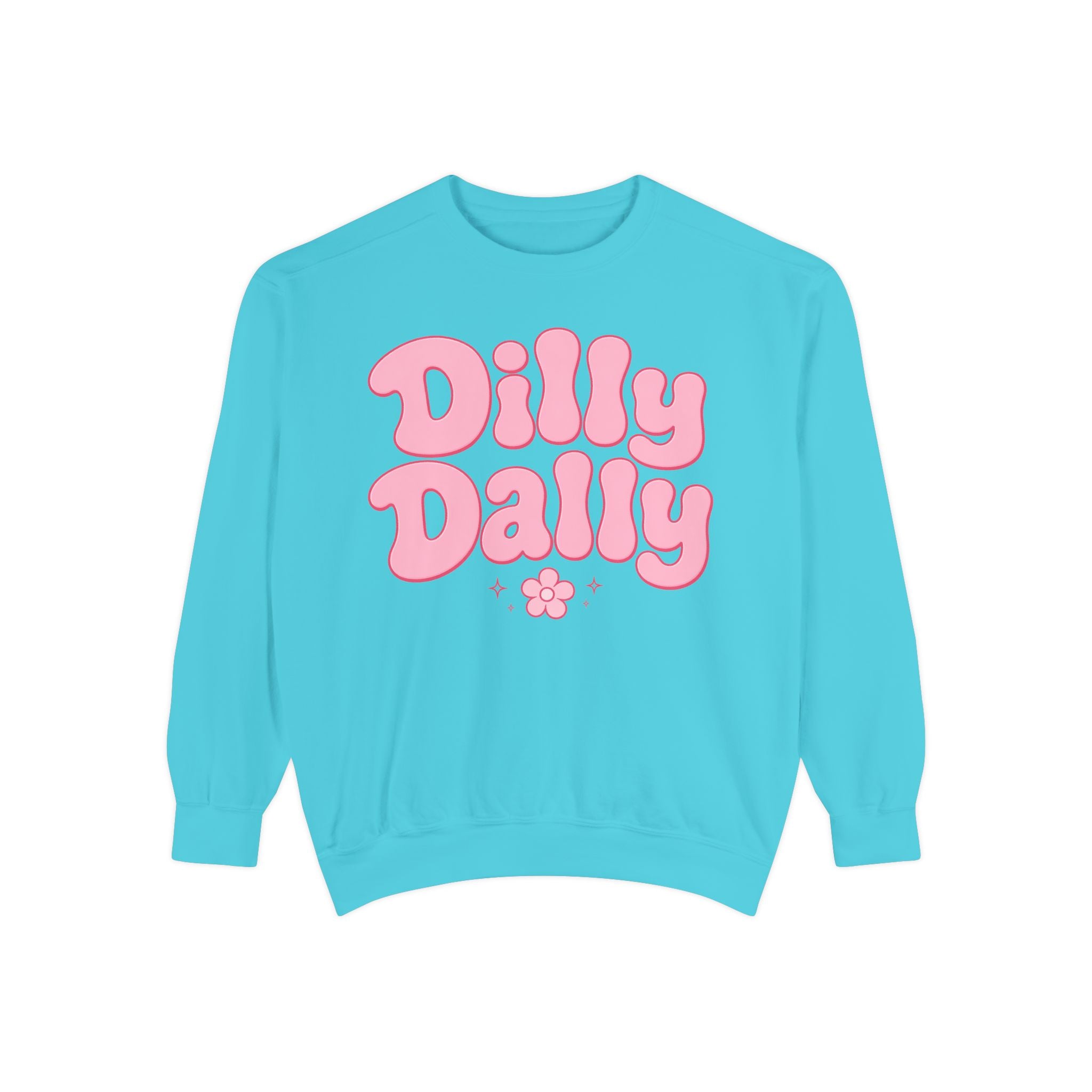 Dilly Dally bubble text sweatshirt | retro pink flower design