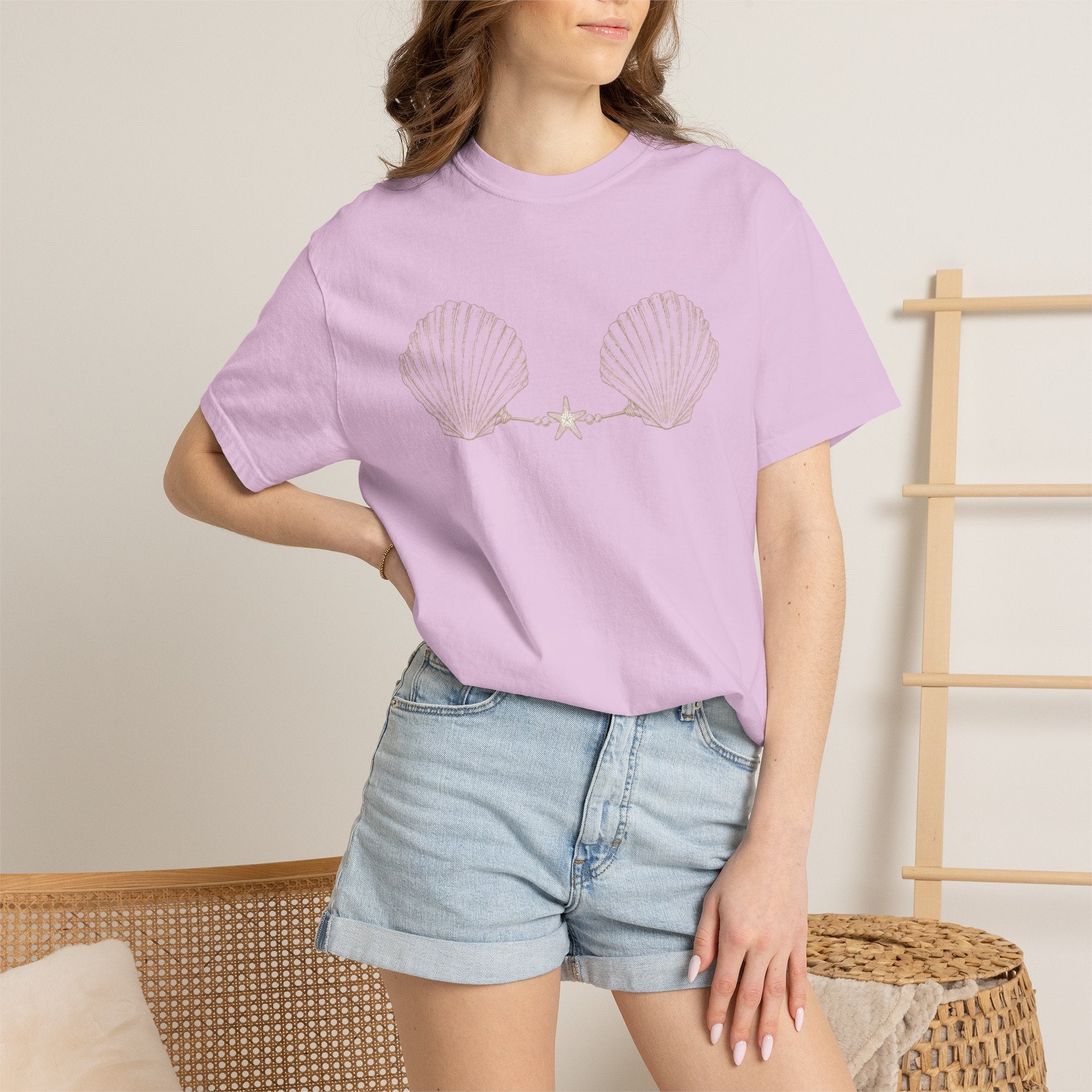 Seashell Bra Illustration T-shirt | Shell Bikini Graphic Tee