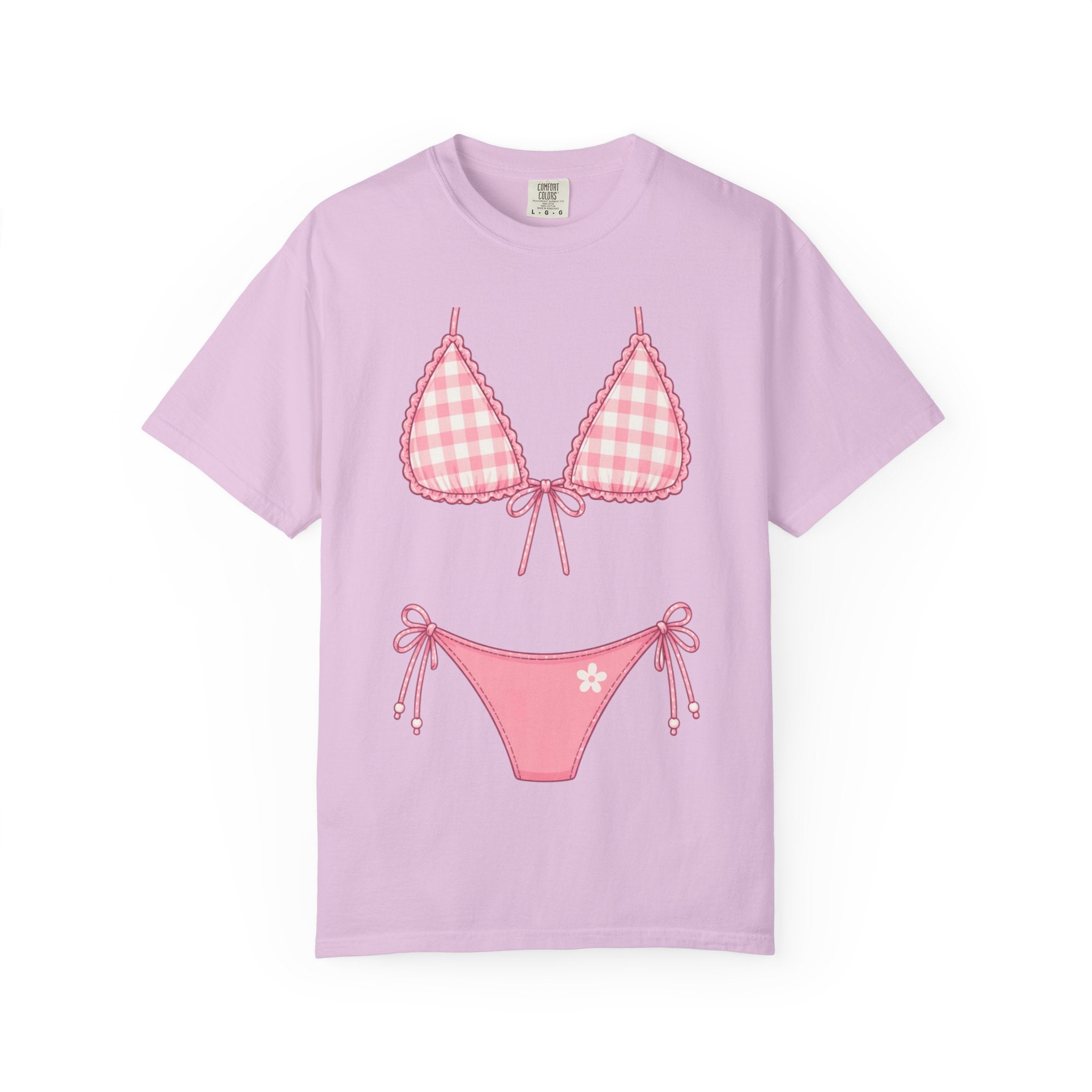 Pink Gingham Bikini Illustration T-Shirt | Bikini Graphic Tee