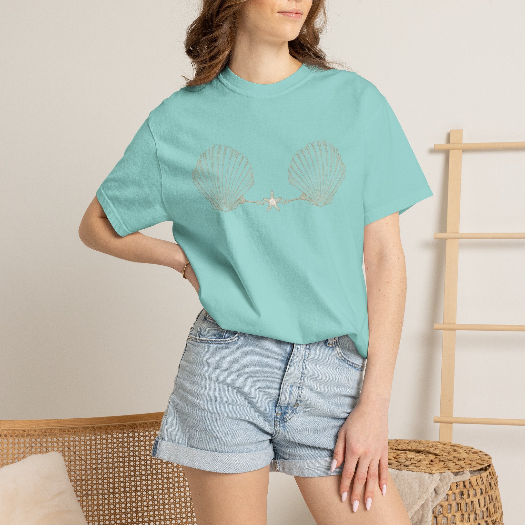 Seashell Bra Illustration T-shirt | Shell Bikini Graphic Tee