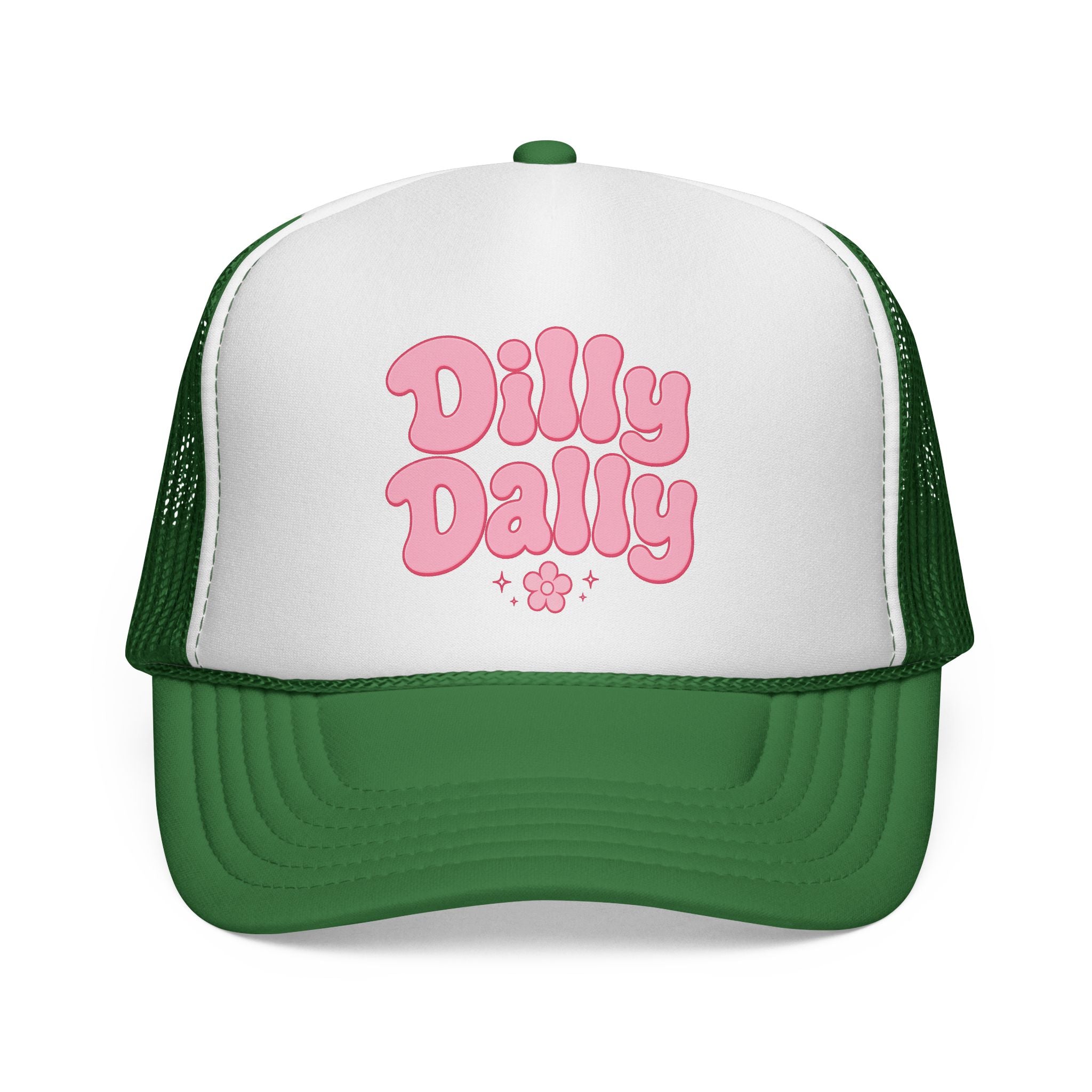 Dilly Dally pink bubbly lettering Trucker Cap | retro flower script