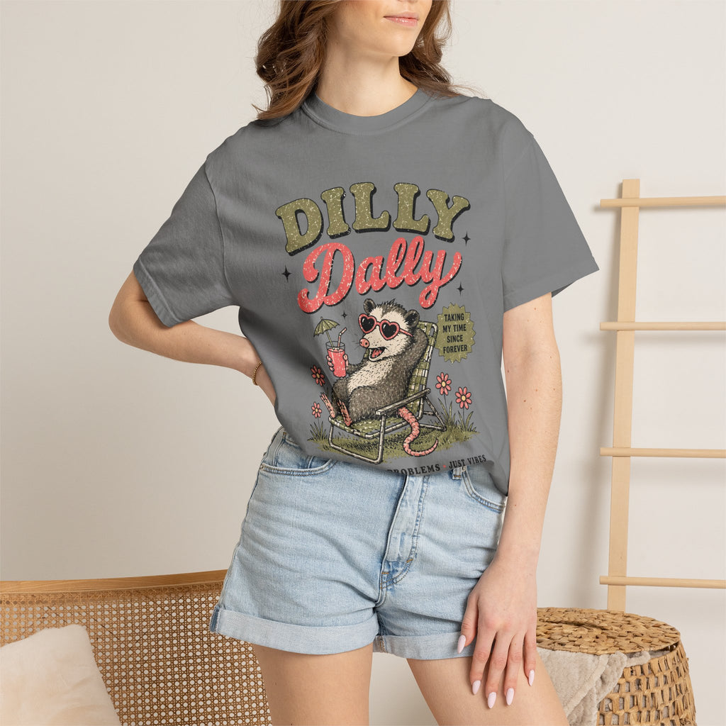 Dilly Dally Sloth Relaxing with Drink T-shirt | Retro Chill Vibes