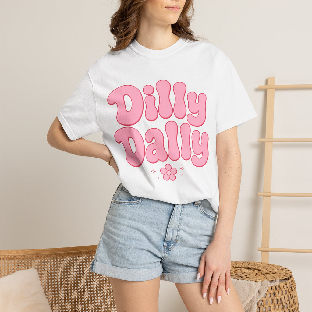 Dilly Dally pink bubble letters T-Shirt | groovy flower retro typography