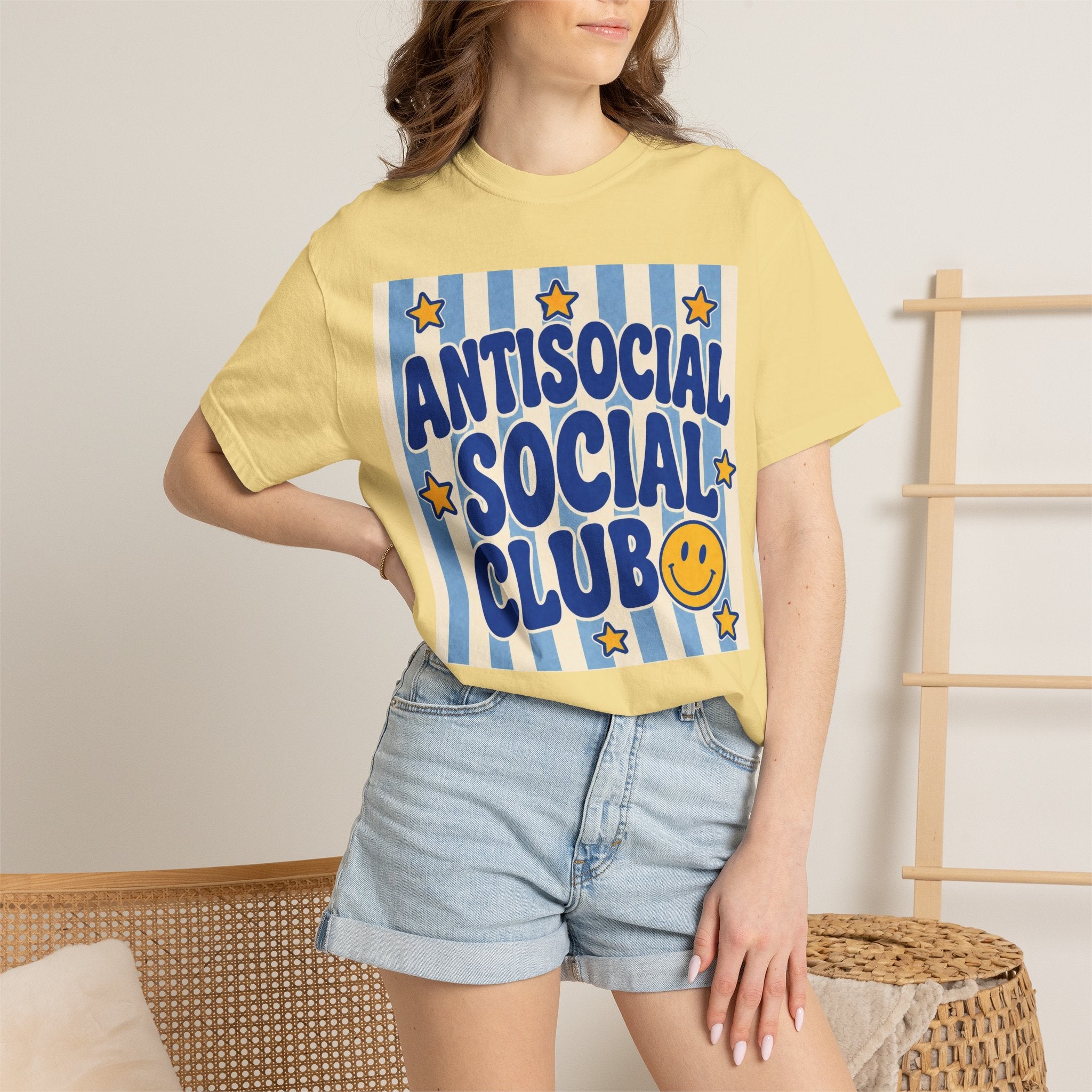 Antisocial Social Club smiley graphic T-Shirt | retro blue stripes